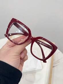 1副女士休闲复古方形红色平光镜片眼镜，适合日常佩戴和街头摄影 - 酒紅色 - 查看 2