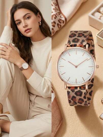 1 件女士豹纹网状表带石英表，优雅玫瑰金表壳，白色简约表盘，模拟指针腕表，休闲金属合金女士日常办公派对约会佩戴，完美的生日、周年纪念日、情人节、母亲节礼物，经典动物纹风格女士腕表