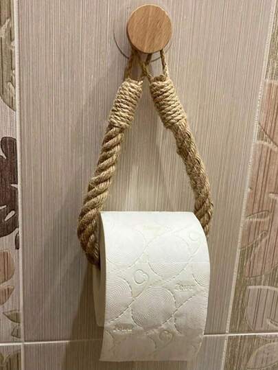 1/2pcs Wall-Mounted Jute Rope Toilet Paper Holder, No Drilling Toilet Jute Rope Paper Rack, Kitchen Wall-Mounted Paper Holder With Hook, Suitable For Replacing Roll - Modern Home Stylish Bathroom Accessory