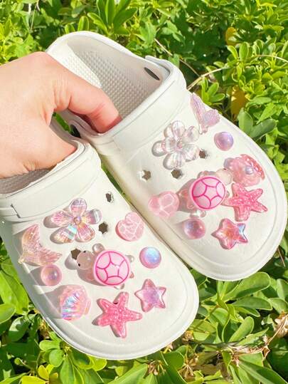18件套海洋粉红系列海龟、海星、贝壳、花朵、鱼尾鞋饰，可拆卸装饰，适用于凉鞋、沙滩鞋、拖鞋及其他带孔鞋款。