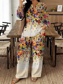 Colorful Splatter Print Women's Pointed Collar Short-Sleeved Trousers Two-Piece Set, Dazzling And Eye-Catching, Made Of Polyester Fiber Fabric, Lightweight And Breathable, Perfect For Casual Vacation Wear. - 彩色 - 查看 1