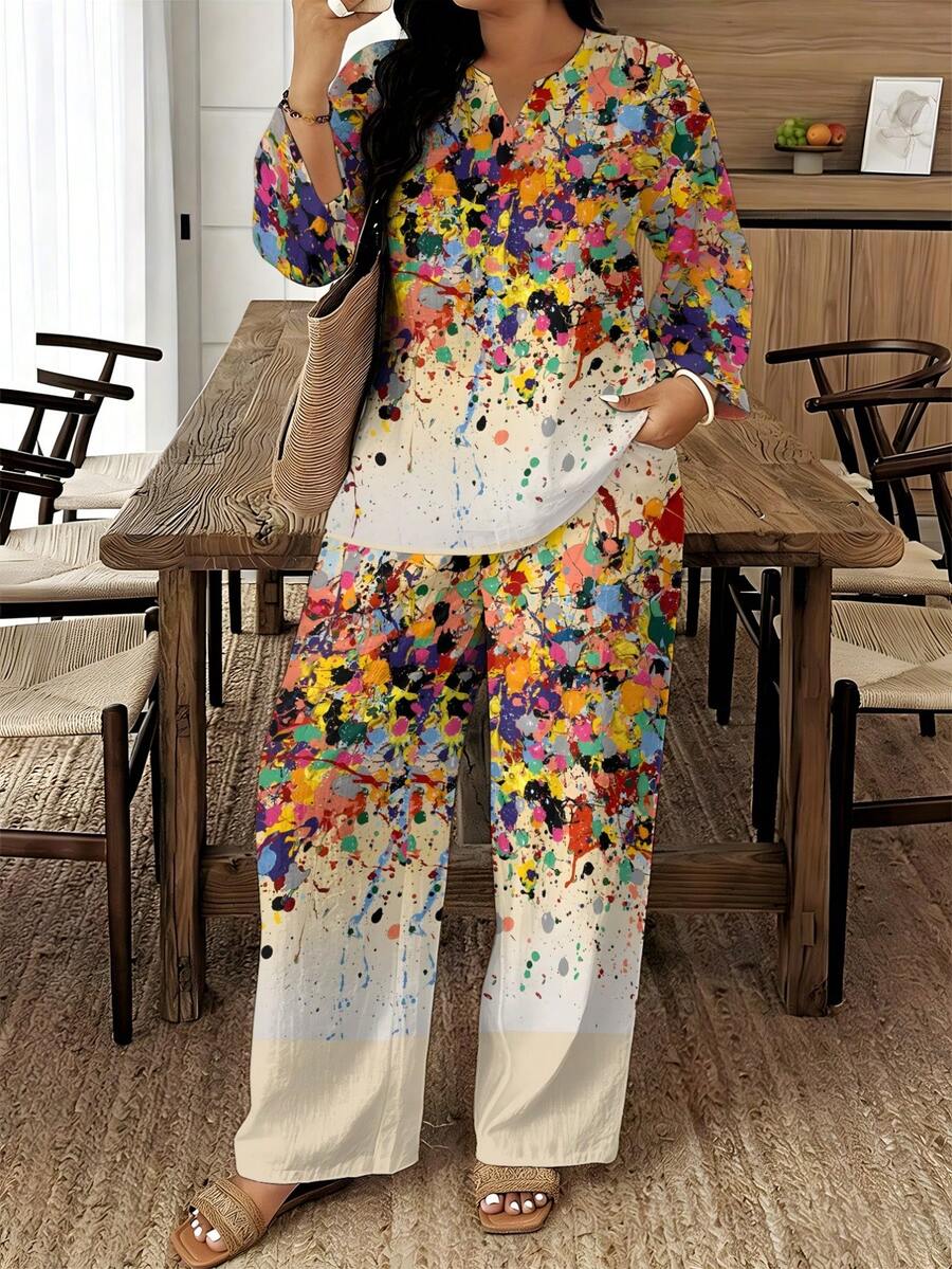 Colorful Splatter Print Women's Pointed Collar Short-Sleeved Trousers Two-Piece Set, Dazzling And Eye-Catching, Made Of Polyester Fiber Fabric, Lightweight And Breathable, Perfect For Casual Vacation Wear. - 彩色 - 查看 1