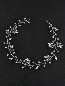 1pc European And American Fashion White Pearl Handmade Soft Chain Headband, Bridal Hair Accessory - Silver - View 3