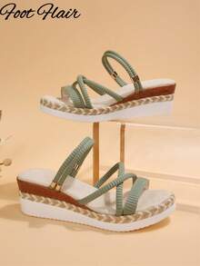 Foot Flair Plus Size Women's Woven Strap Open Toe Rope Sole Wedge Platform Sandals, Beach Vacation Style, Spring/Summer Fashion, Versatile Comfortable Roman Sandals - Army Green - View 6