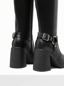 Botas altas de mujer con plataforma y tacón ancho, puntera cuadrada, cremallera lateral, correas ajustables con hebilla, decoración de moda, cómodas botas de motocicleta para mujer - Negro - Ver 8