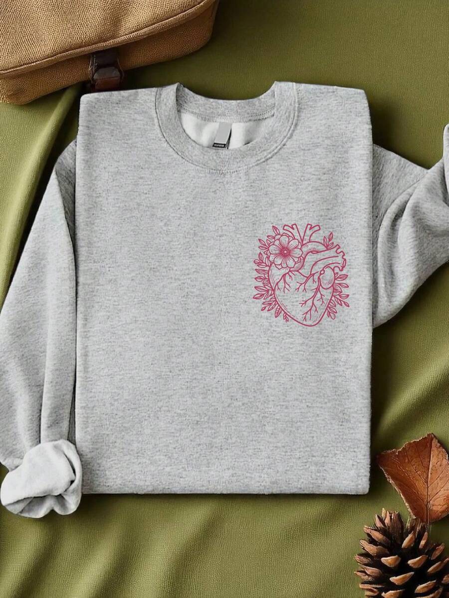 Floral Anatomical Heart Sweatshirt, Cardiac Nurse Crewneck, Medical School Student Sweater, Gift For Cardiologist, Heart Anatomy Outfit, Nursing Vibes, TC-3743 - 灰色 - 查看 1