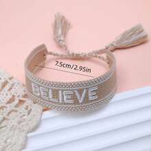 1 pièce Bracelet bohème vintage créatif brodé "CROIRE" Cadeau inspirant fait main réglable - Kaki - Voir 6