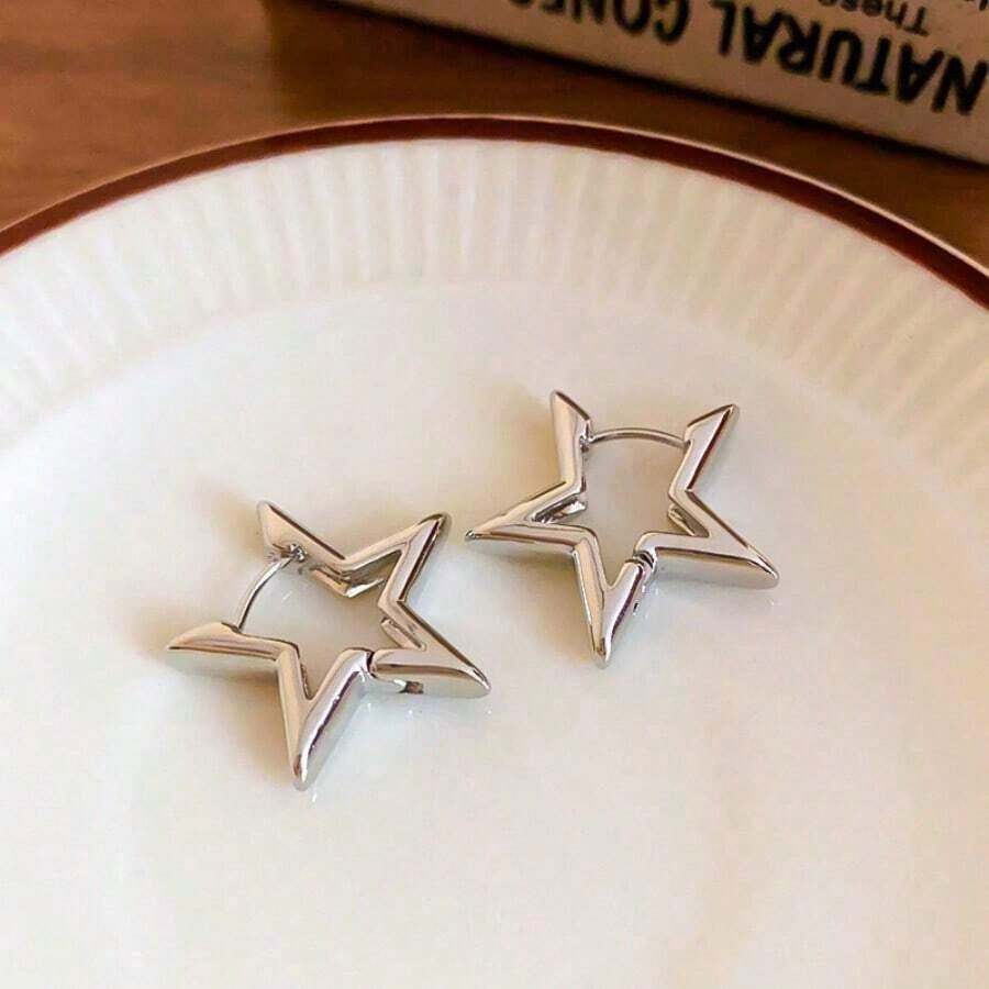 Andkiss 1 par de pendientes de aro con forma de estrella, adecuados para uso diario y festivo de mujeres - Plateado 2 - Ver 1