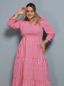 New Plus Size Plaid Maxi Dress With Long Sleeves, Sizes 44 To 50. - Rose Red - View 3