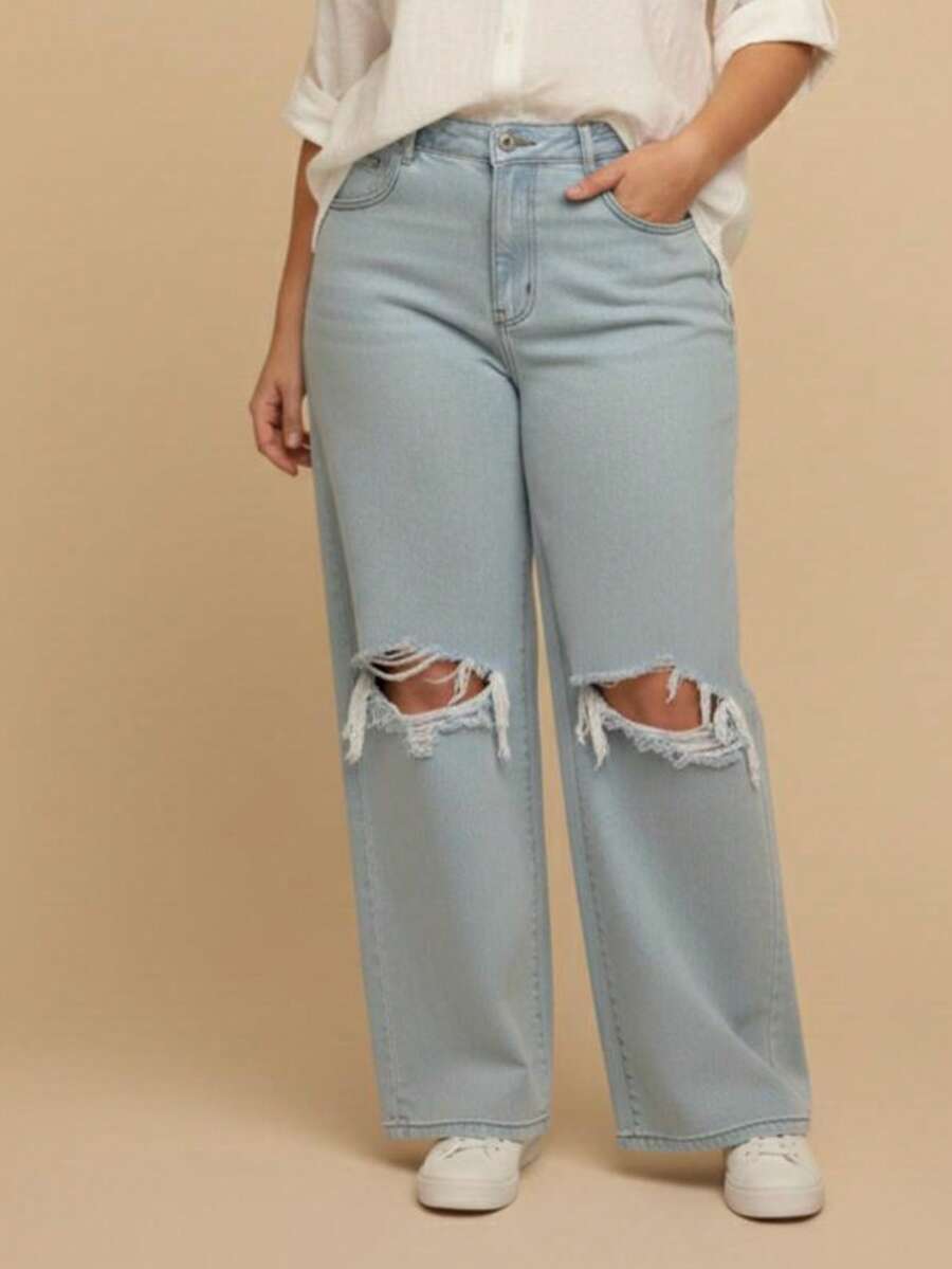 Wide Leg Plus Size Ripped Light Jeans - Light Jeans - View 1