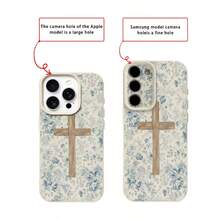 1pc TPU Material Elegant Fresh Blue Flower Cross Pattern Phone Case Suitable For IPhone 17 Pro Max/17/16 Pro Max/15/13/12/11, S20 FE/A15/S24/A55, Note 11/Note 12/Note 13 Pro, Full Coverage Anti-Drop Soft Protective Phone Cover - White - View 7