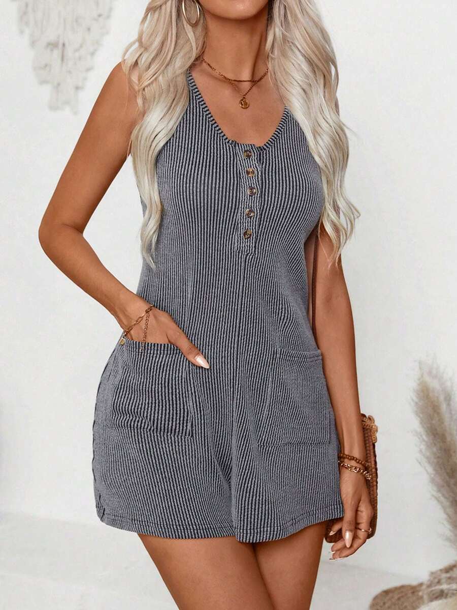 Mono de verano para mujer, mono casual de unicolor sin mangas acanalado con bolsillos, elegante - Gris Oscuro - Ver 1