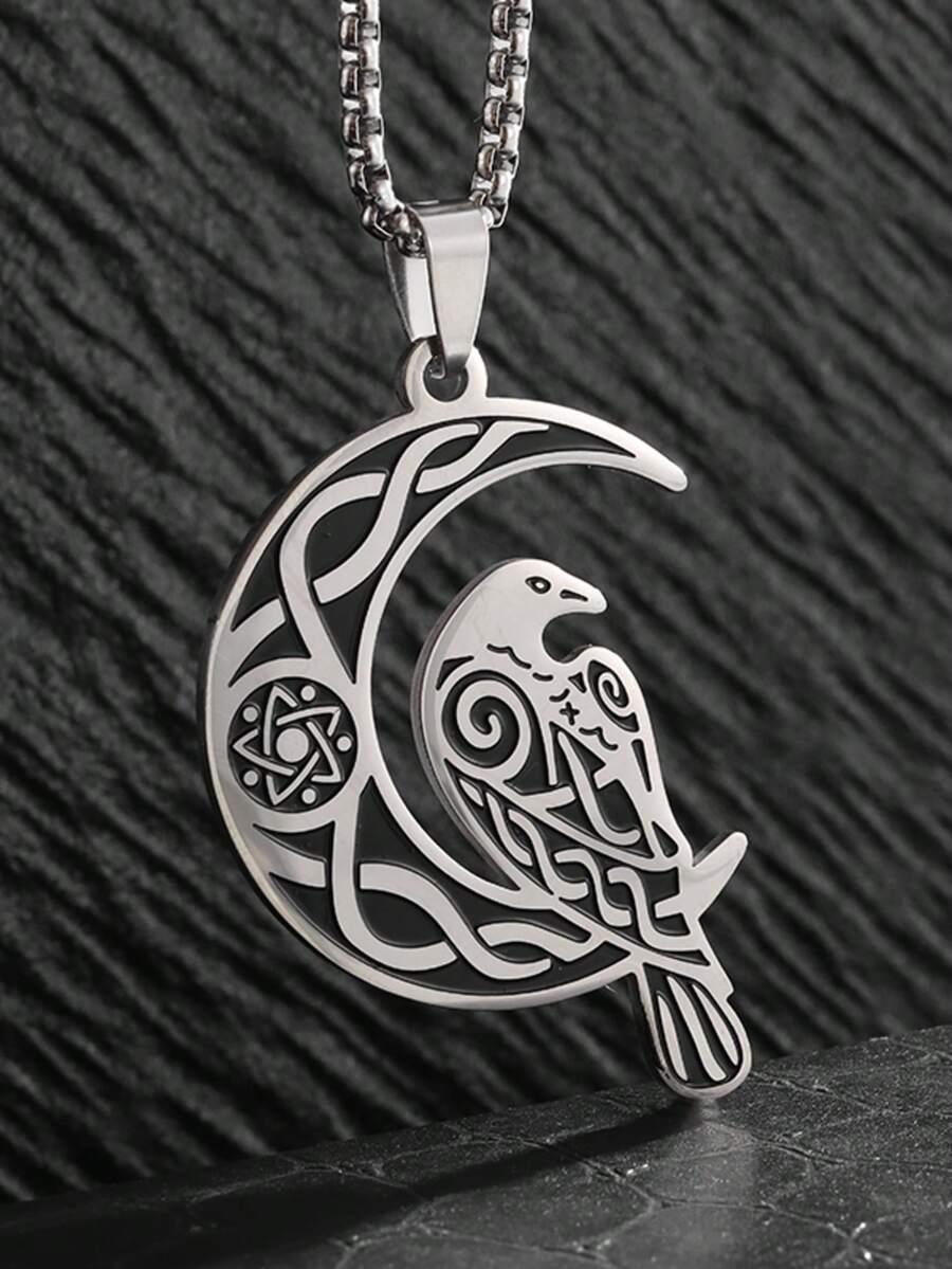 1pc Vintage Viking Moon Raven Pendant Necklace, Celtic Knot With Animal Motifs, Nordic Mystic Style Jewelry - Retro - View 1