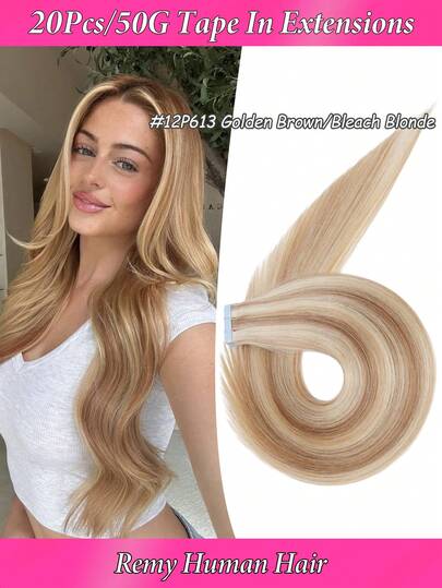 16"-24" Tape In 100% Human Hair Extensions For Women 20Pcs/Pack Straight Seamless Skin Weft Remy Human Tape In Hair Extensions, Human Hair Extensions For Women Bridal Hairstyle, Piano Highlight 12P613#