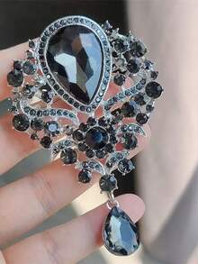 欧美经典夸张水晶胸针，小众高端夸张胸针，女士翻领花朵胸针 - 黑色 - 查看 3