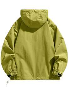 男士休闲拼接连帽抽绳夹克及春秋季外套 - 墨綠色 - 查看 2