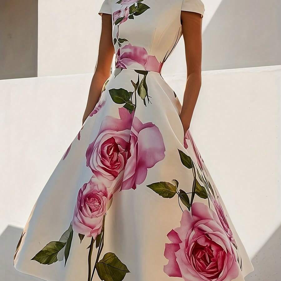 Elegant Retro Floral Print Dress For Women, Featuring A Stand-Up Collar And Short Sleeves, Perfect For Romantic Evenings In The Summer Of 2025 - Màu be - Xem 1