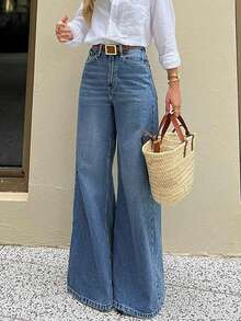 2025秋季新款复古高腰直筒牛仔裤，宽松阔腿裤，美式时尚设计 - 深色水洗藍 - 查看 1