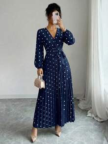 Spring Fall Polka Dot Wrap Dress Women's V-Neck Long Sleeve Pleated Tie Front Flounce Hem Elegant Midi Dress - Màu xanh hải quân - Xem 2