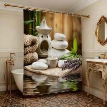 禅意SPA叠石浴帘，薰衣草竹纹图案香薰灯，防水防霉涤纶浴帘套装（含挂钩），舒缓SPA风格浴室装饰，减压卫生间装饰，送给健康爱好者的礼物 - 白紫 - 查看 2