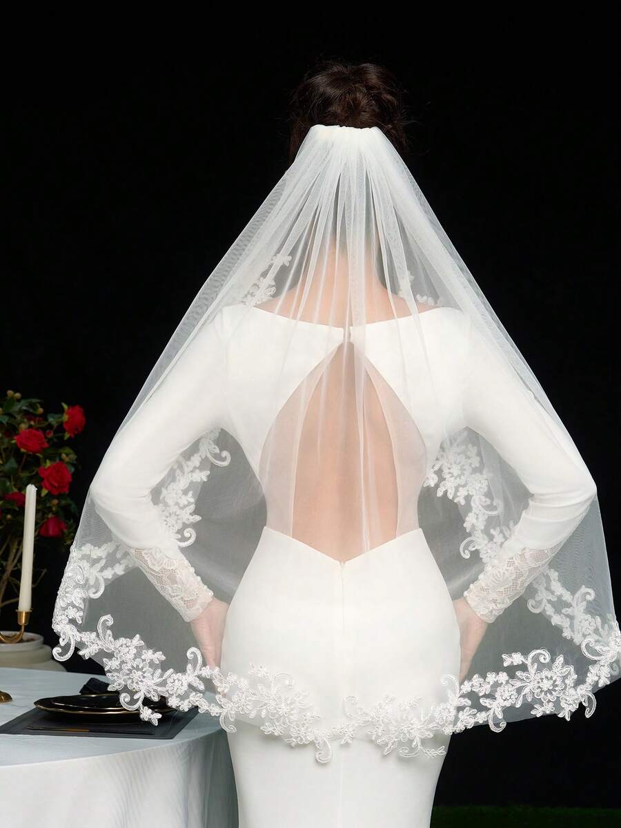 1 pieza Velo de novia con borde de encaje de longitud hasta la punta de los dedos, incluye peine de metal, disponible en blanco e marfil - Multicolor - Ver 1