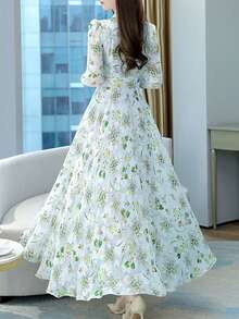 Women's Floral Print Dress - Long Sleeve Waist Cinched Slim Fit, Spring Autumn Fairy Elegant Vacation Midi Dress, Arabic Elegant Style, All Season Daily Wear - 白色 - 查看 2