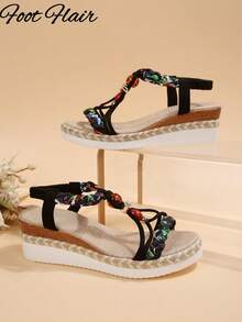 Sandalias de plataforma con cuentas tejidas a mano para mujer, estilo bohemio, nueva colección primavera/verano, suela gruesa cómoda para exteriores, con patrón floral aleatorio - Negro - Ver 6