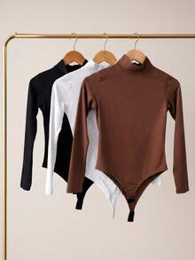 Women's Bodysuit Kit, High Neck, Long Sleeve, Second Skin, Basic, Versatile, Fashion Blogger Style, - 黑白咖啡 - 查看 1
