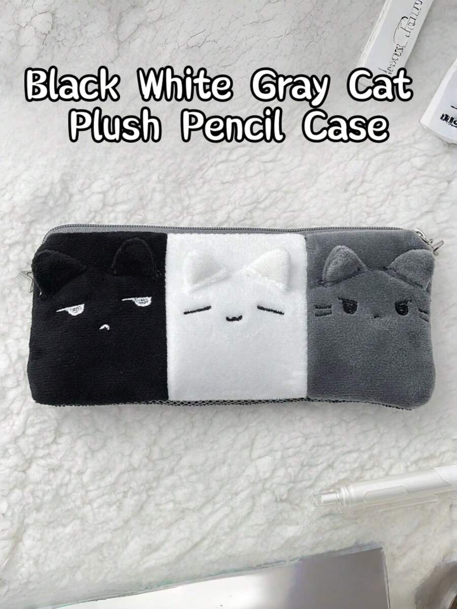 1 unidade de estojo portátil grande com estampa de gato tricolor fofo estilo INS, estojo de lápis de alta qualidade para material escolar/de escritório (pingente não incluso) - Estojo de lápis de pelúcia em formato de gatinho tricolor (chaveiro não incluso) - Ver 1