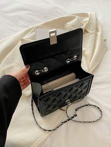 1pc Fashionable Solid Color Embossed Flap Chain Mini Shoulder Bag For Women - Black - View 9
