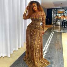 INS Women's Breathable Mesh Vintage Stylish Slim A-Line Dress With Printed Round Neck And Long Sleeves - Yellowish brown - 查看 2