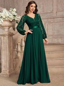MIUSOL Đầm dạ hội maxi ren hoa thanh lịch, cổ chữ V sâu, tay phồng, viền bèo nhún. - Màu xanh lá cây đậm - Xem 5