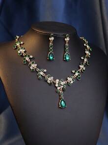 1/3/4件套时尚水晶女王头饰及首饰套装 - 锌合金皇冠、水晶项链和耳环，适合女性婚礼、礼服及各种场合佩戴 - 綠色 - 查看 3