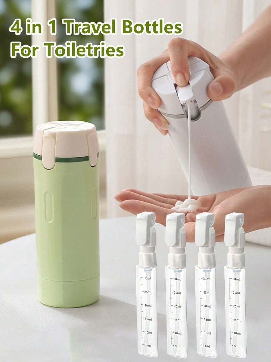 Nuevo modelo 2026: Dispensador de viaje 4 en 1 - Incluye cuatro botellas rellenables de 30 ml | Recipiente portátil y a prueba de fugas, apto para diversos líquidos como champú, gel de baño, lociones, acondicionador, cremas faciales y talla grande | Cuenta con botellas transparentes con marcas de medición y etiquetas para una fácil clasificación, almacenamiento y acceso a los artículos de tocador; Diseño a prueba de derrames - Un compañero esencial para viajes de negocios y viajes.