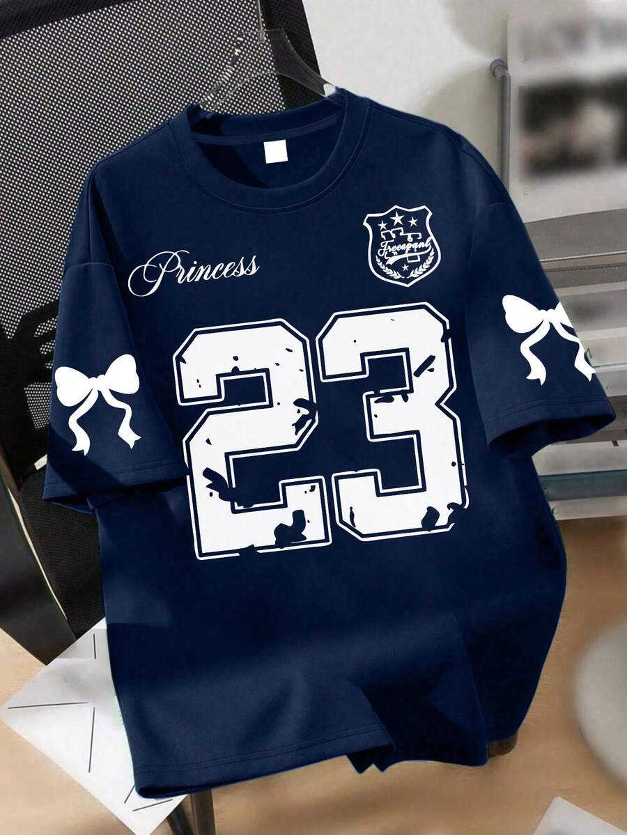 1pc Teen Girl Y2K Style #23 Graphic T-Shirt For Girls, Cute Printed Pattern, Soft & Comfortable Fabric, Suitable For School & Daily Wear In Summer - Navy Blue - View 1