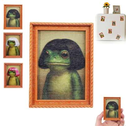 Funny Frog Magnet Vintage Frog Art Refrigerator Magnet With Bob Haircut Cute Wooden Oil Paint Toad Decor With A Wood Picture Frame For Refrigerator Locker Office