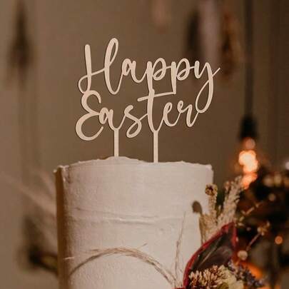 6pcs Happy Easter Wooden Cake Topper, Handmade Rustic Cake Decoration For Easter Party, Holiday Dessert Table Decor