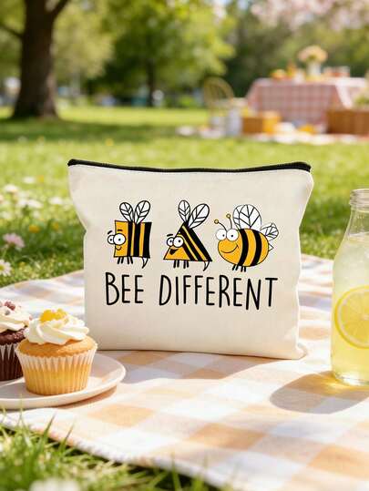 可爱蜜蜂造型化妆包，趣味卡通蜜蜂化妆袋旅行洗漱收纳包拉链袋，新颖励志帆布拉链化妆包，宽敞的化妆刷收纳袋