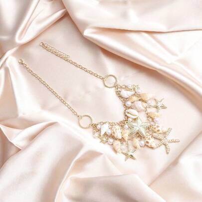 1 Set, Bohemian Summer Beach Shell Waist Chain, Faux Pearl Starfish & Seashell Pendant, Available In Waist Chain, Necklace, And Bracelet Styles, Tassel Design, Suitable For Beach Travel Outfits, Beach Party Decor, Vacation Photo Props, Bikini Cover-Ups, And Exotic Style Accents