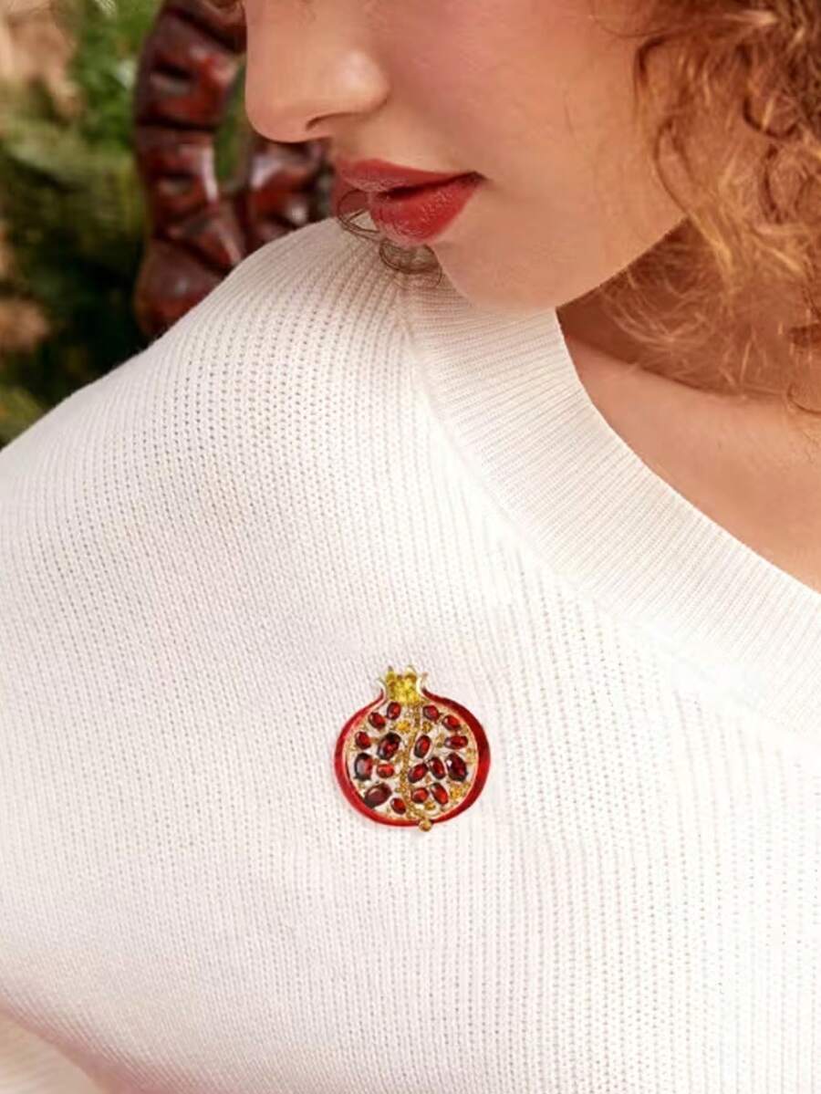 1pc Of A Stylish Pomegranate Brooch Featuring Shiny Synthetic Zirconia, Perfect For Autumn And Winter Fashion Additions - Multicolor - View 1