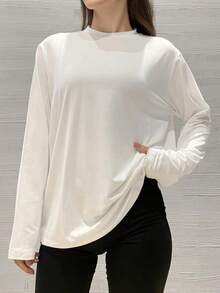 Small Shoulder Drop Long-Sleeve T-Shirt Solid Color Black Loose Casual - Màu Hồng Tươi - Xem 8