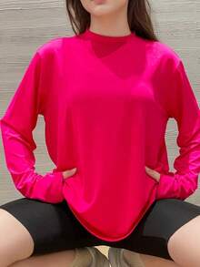 Small Shoulder Drop Long-Sleeve T-Shirt Solid Color Black Loose Casual - Màu Hồng Tươi - Xem 10