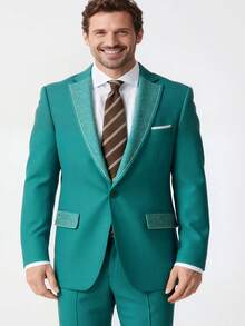 Men's 3-Piece Suit With Rhinestone Lapel, Slim Fit Blazer And Pants Set, Formal Business Wedding Prom Tuxedo With White Dress Shirt - 水鴨藍 - 查看 1