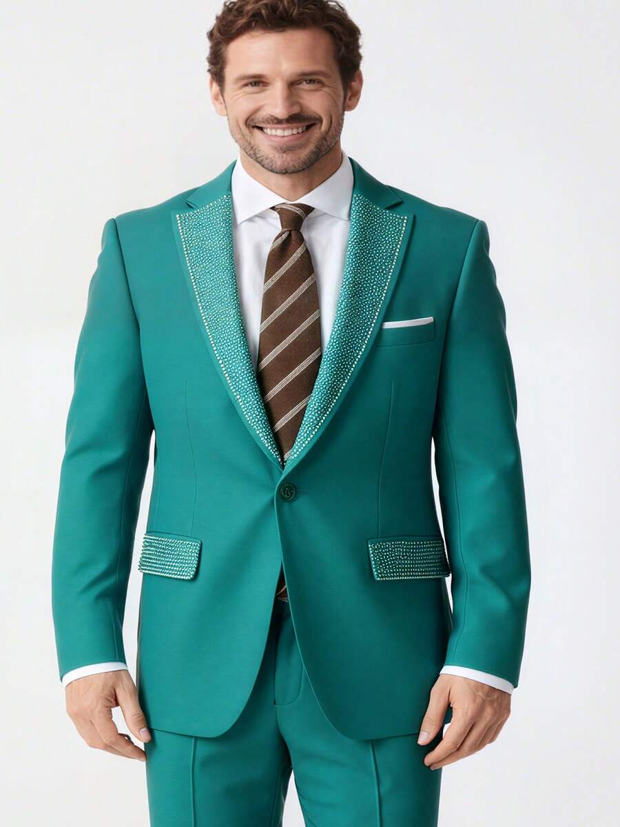 Men's 3-Piece Suit With Rhinestone Lapel, Slim Fit Blazer And Pants Set, Formal Business Wedding Prom Tuxedo With White Dress Shirt - 水鴨藍 - 查看 1