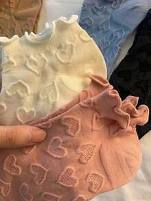 5双装女士短袜，心形图案设计，蕾丝细节，轻盈时尚夏季袜，荷叶边装饰 - 彩色 - 查看 2