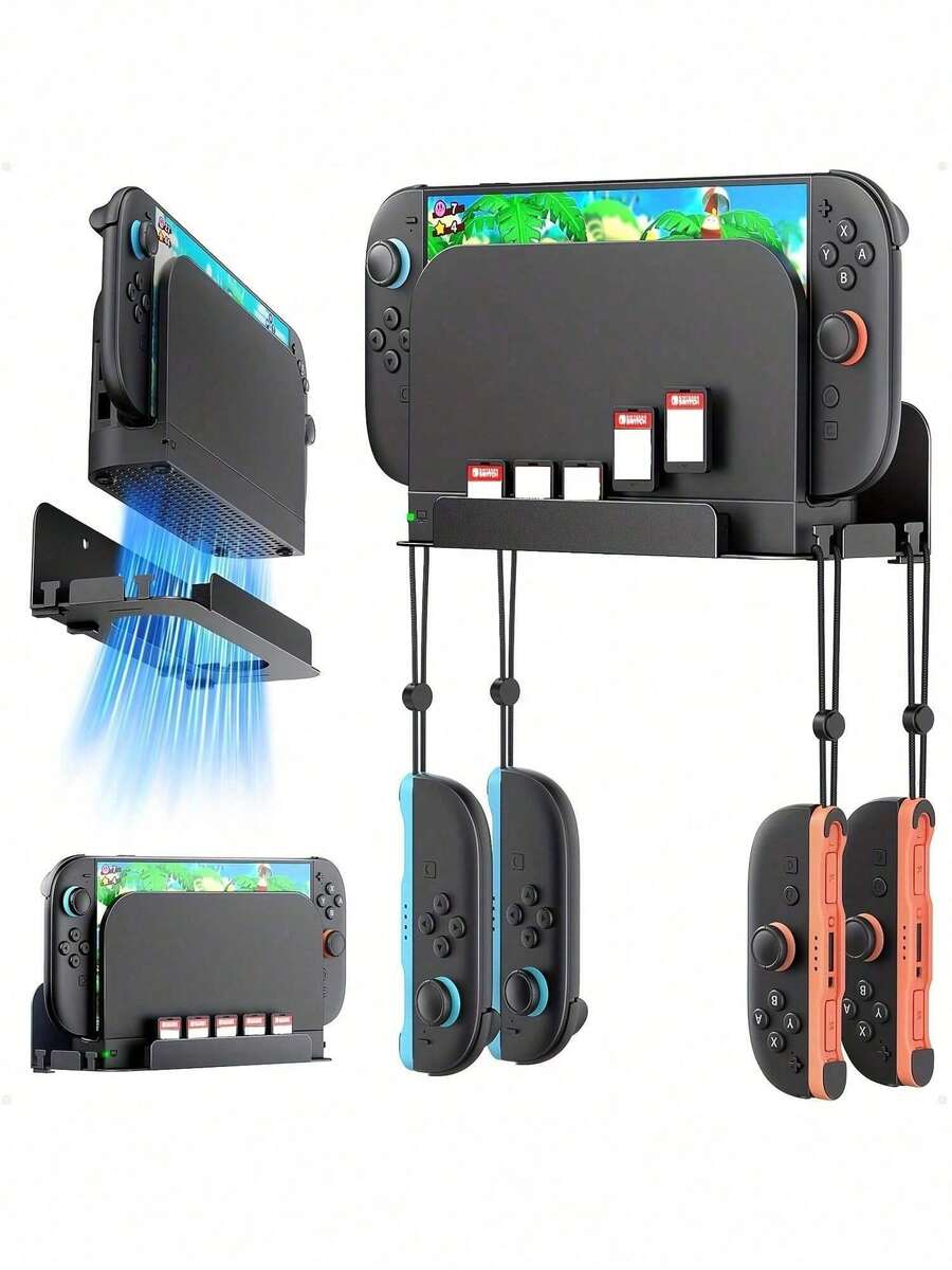 Giá treo tường bằng kim loại cho Switch 2 (phiên bản 2025) - Bộ giá đỡ lưu trữ với 5 khe cắm thẻ game và 4 giá đỡ tay cầm, màu đen carbon, phụ kiện Switch 2 gắn phía sau TV. - màu đen - Xem 1