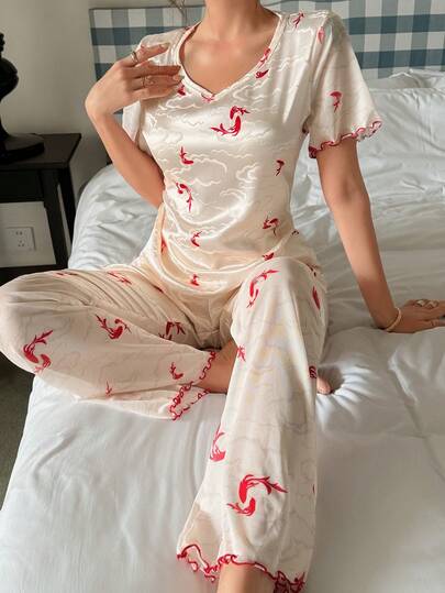 Women's Lace Patchwork Sleepwear Set, V-Neck Short Sleeve Top And Long Pants