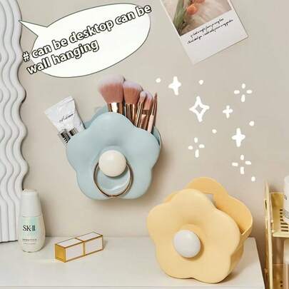 Cute Classic Storage Box, Wall-Mounted PP Makeup Brush Holder, Bathroom Vanity Desk Toothbrush Organizer