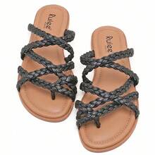 Wide Width Sandals For Women, Summer Flip Flops Flat Slide Sandals Casual Braided Wide Feet Slides Comfort Slip On Thong Womens Sandal. - 黑色 PU 780 - 查看 5