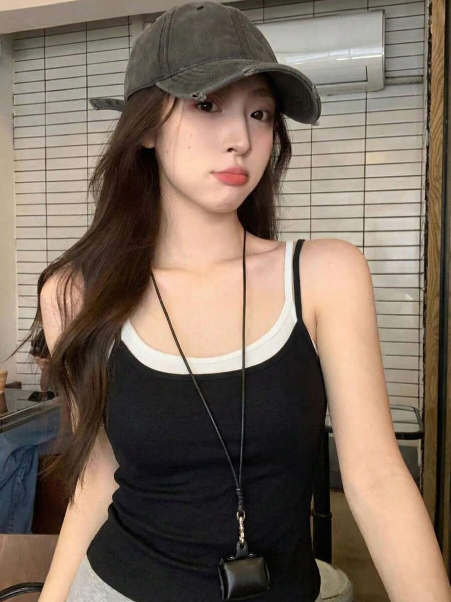 性感露背吊带背心，带胸垫，无袖修身休闲款 - 黑色 - 查看 1